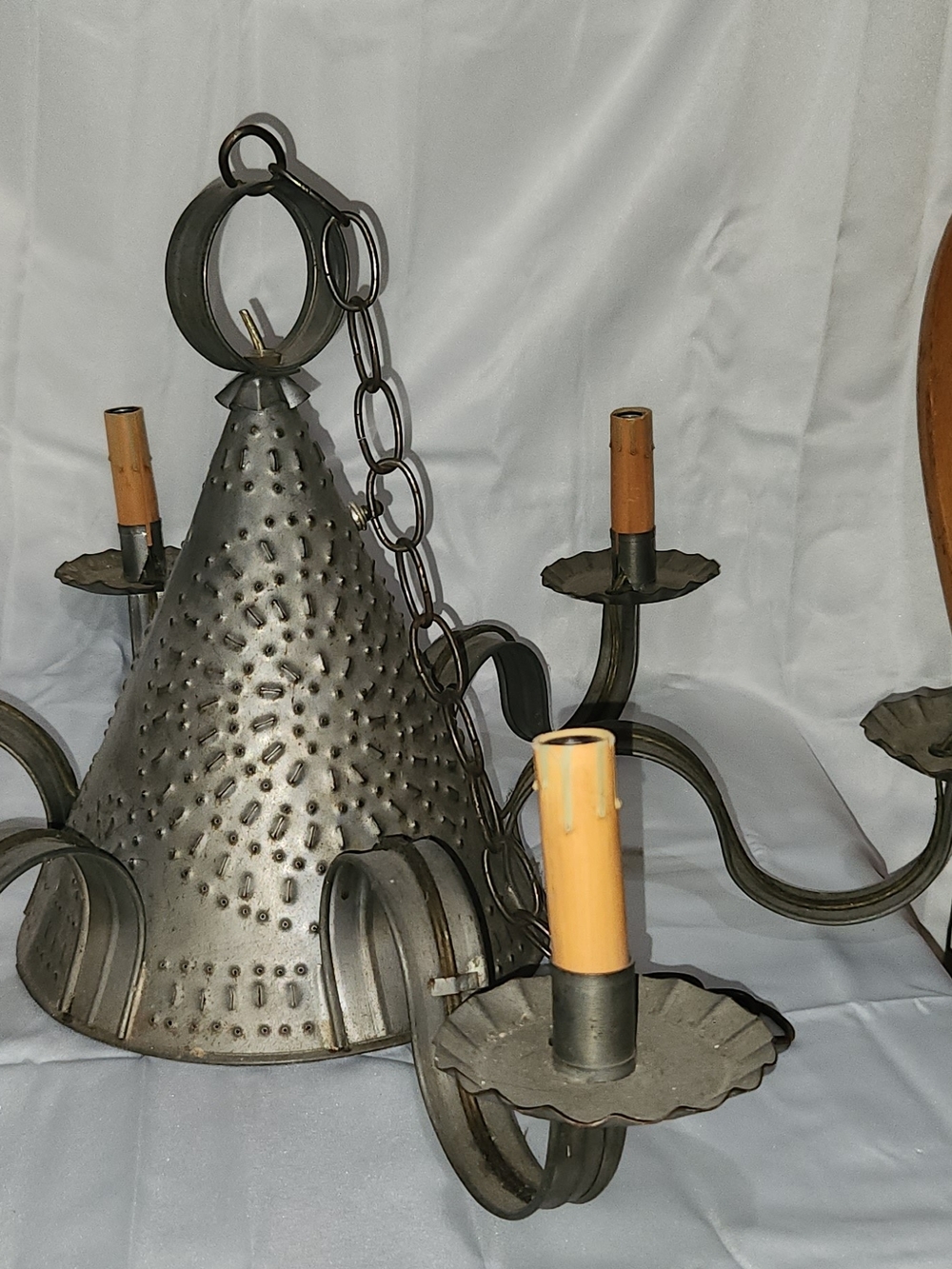 Antique-Style Metal Chandelier in Aged Punched Tin